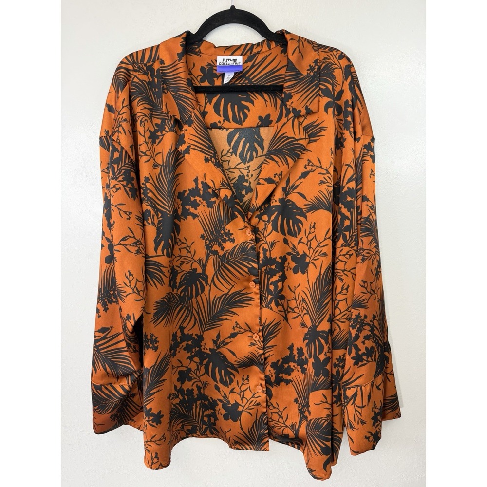 Future Collective Plus Size Orange/black Floral Long Sleeved Blouse Size 3X
